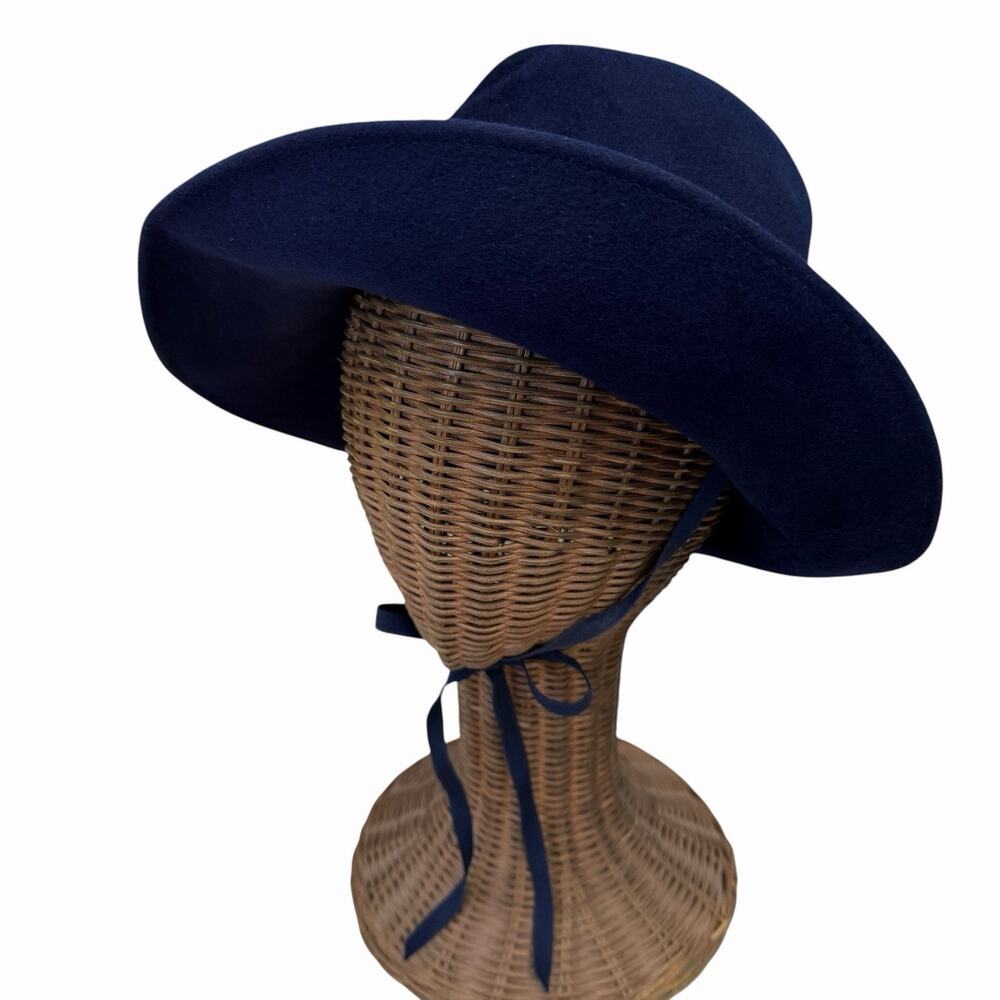 Vintage 1950’s Navy Felt Slouch Hat With Chin Ribbon Ties, Paris Boutique - Picture 2 of 9